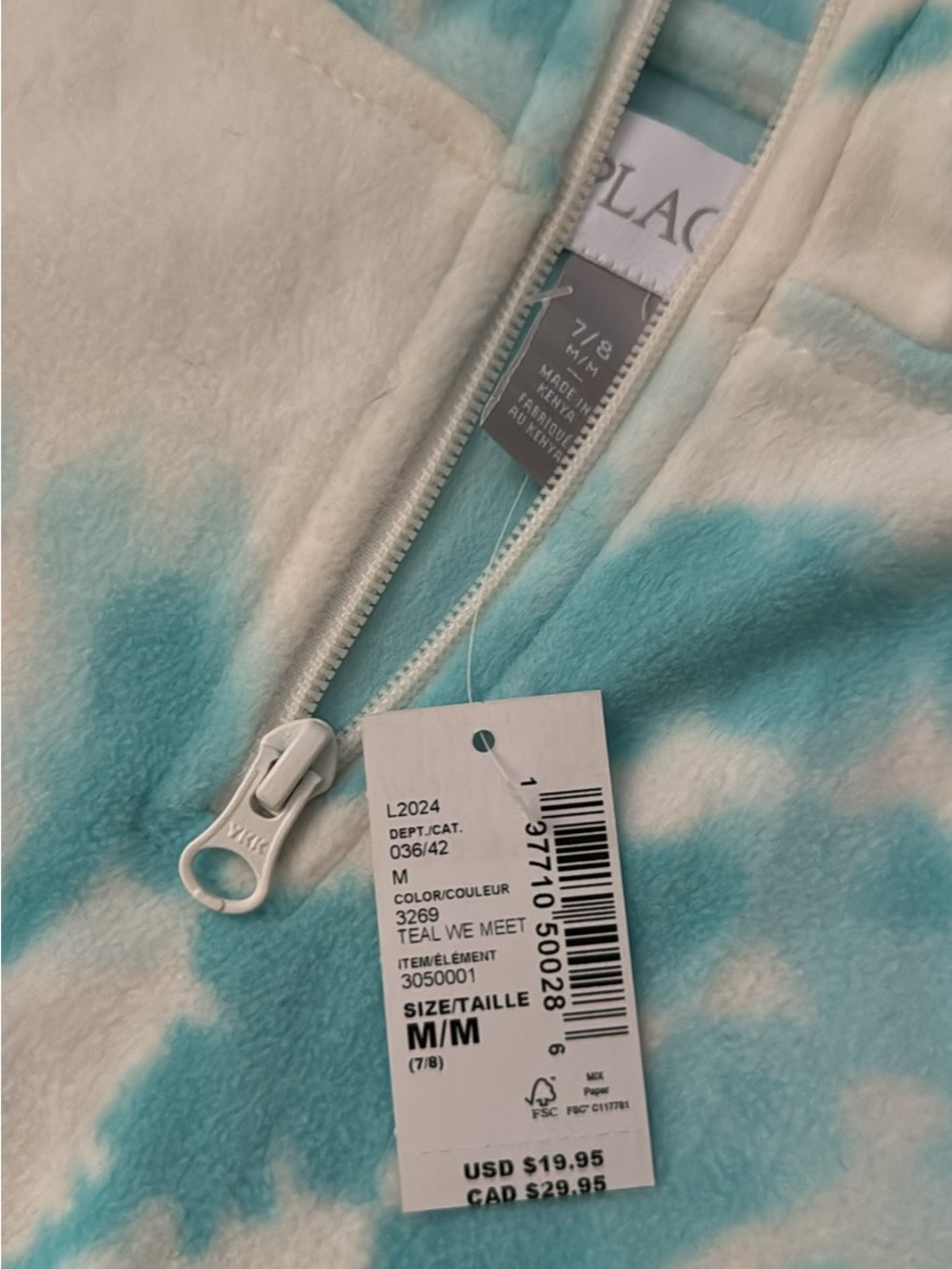 Children's Teal and White Plush Zip-Up Jacket - M